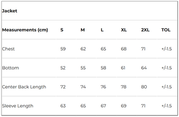 Measurement chart for jackets showing various sizes and dimensions.