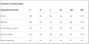 Measurement chart for overshirt or canvas jacket with size specifications.
