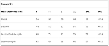 Sweatshirt size chart with measurements in centimeters for various sizes.