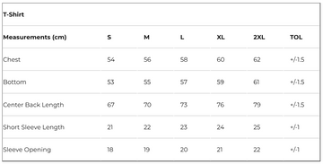 T-shirt size chart with measurements in centimeters for various sizes.