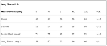 Measurement chart for a long sleeve polo shirt with size chart in centimeters.