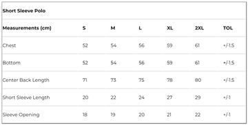 Measurement chart for short sleeve polo shirts with size chart in centimeters.
